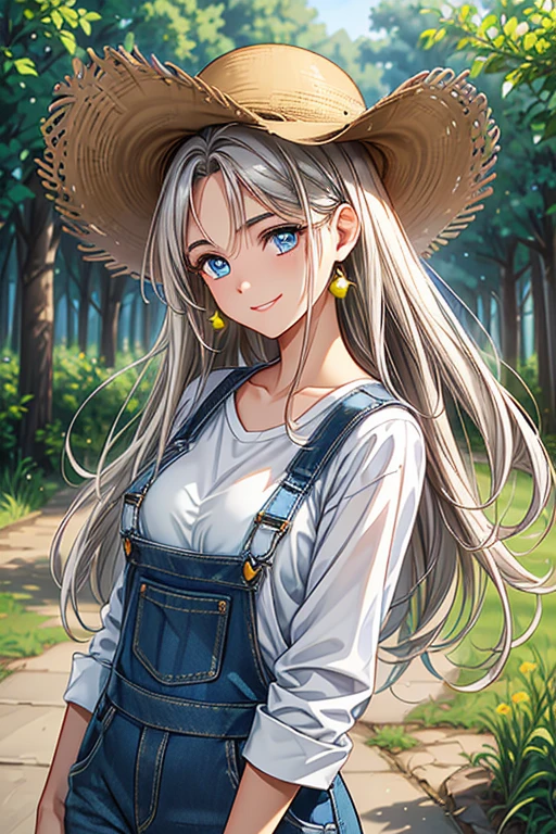 #Basics Girl posing for a photo, animeのcute少女, ((One Girl)), ((Baby Face:1.5)), ((cute:1.5)), (()), 
break 

#Clothing Accessories 
(blue denim overalls:1.4) + (White shirt) + (Long blue denim jeans:1.4) + (Red sneakers) + ((Straw hat)), 
((black gemstone earrings)), (Silver Necklace), 
break 

#Features 
((Blonde:1.2)), ((Long Hair) : Voluminous Hair + Hair blowing in the wind + Wavy Hair), 
((Big eyes:1.4)), ((blue eyes)), 
(Small breasts:1.2), (中性的な顔のFeatures),  
(Tanned dark skin:1.3), 
break 

#background environment 
((noon, Rural landscape + Forest road + blue sky)), 
#Facial Expression Pose 
((Wicked Smile:1.2)), ((reaching:1.2)), 
#composition 
((Angle from the front:1.2)), ((Cowboy Shot)), 
break 

#Body parts elements 
(Slim figure), 
(Symmetrical facial features), 
(Detailed Hair, Beautiful Hair, Shiny Hair), 
(double eyelid, Long eyelashes, Thin eyebrows:0.5), 
(Detailed eyes), (Beautiful Eyes), (Sparkling eyes), Glitter Eyeliner, 
(Human Ear), 
(Beautiful Nose, Thin Nose), 
(Glossy Lips, Beautiful Lips, Thick lips), 
(Detailed skin, Textured skin, Beautiful Skin, Oily skin), 
break 

#quality  
(((最高quality)), ((masterpiece:1.3)), ((Very detailed))), ((Ultra-high resolution)), ((16K)), ((1080P)), ((Full HD)), 
((Anatomically correct)), ((Realistic)), (3DCG), ((Oil painting)), 
((comics, anime)), (CG illustration), (RAW Photos), 
