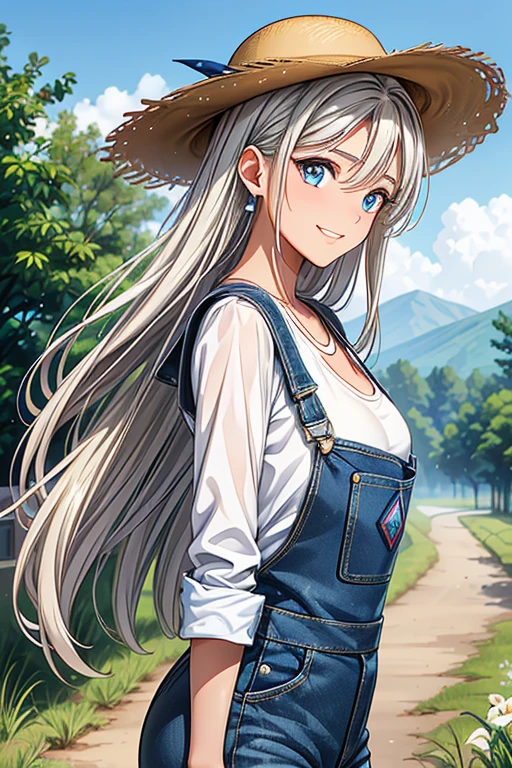 #Basics Girl posing for a photo, animeのcute少女, ((One Girl)), ((Baby Face:1.5)), ((cute:1.5)), (()),
break
#Clothing Accessories
(blue denim overalls:1.4) + (White shirt) + (Long blue denim jeans:1.4) + (Red sneakers) + ((Straw hat)),
((black gemstone earrings)), (Silver Necklace),
break
#Features
((Blonde:1.2)), ((Long Hair) : Voluminous Hair + Hair blowing in the wind + Wavy Hair),
((Big eyes:1.4)), ((blue eyes)),
(Small breasts:1.2), (中性的な顔のFeatures),
(Tanned dark skin:1.3),
break
#background environment
((noon, Rural landscape + Forest road + blue sky)),
#Facial Expression Pose
((Wicked Smile:1.2)), ((reaching:1.2)),
#composition
((Angle from the front:1.2)), ((Cowboy Shot)),
break
#Body parts elements
(Slim figure),
(Symmetrical facial features),
(Detailed Hair, Beautiful Hair, Shiny Hair),
(double eyelid, Long eyelashes, Thin eyebrows:0.5),
(Detailed eyes), (Beautiful Eyes), (Sparkling eyes), Glitter Eyeliner,
(Human Ear),
(Beautiful Nose, Thin Nose),
(Glossy Lips, Beautiful Lips, Thick lips),
(Detailed skin, Textured skin, Beautiful Skin, Oily skin),
break
#quality
(((最高quality)), ((masterpiece:1.3)), ((Very detailed))), ((Ultra-high resolution)), ((16K)), ((1080P)), ((Full HD)),
((Anatomically correct)), ((Realistic)), (3DCG), ((Oil painting)),
((comics, anime)), (CG illustration), (RAW Photos),