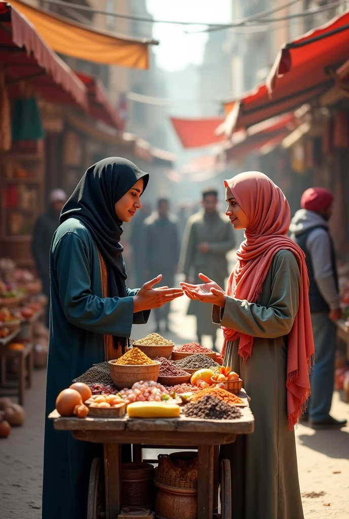 Two Muslim people are standing by a cart: one person is selling something, and the other person is buying it.