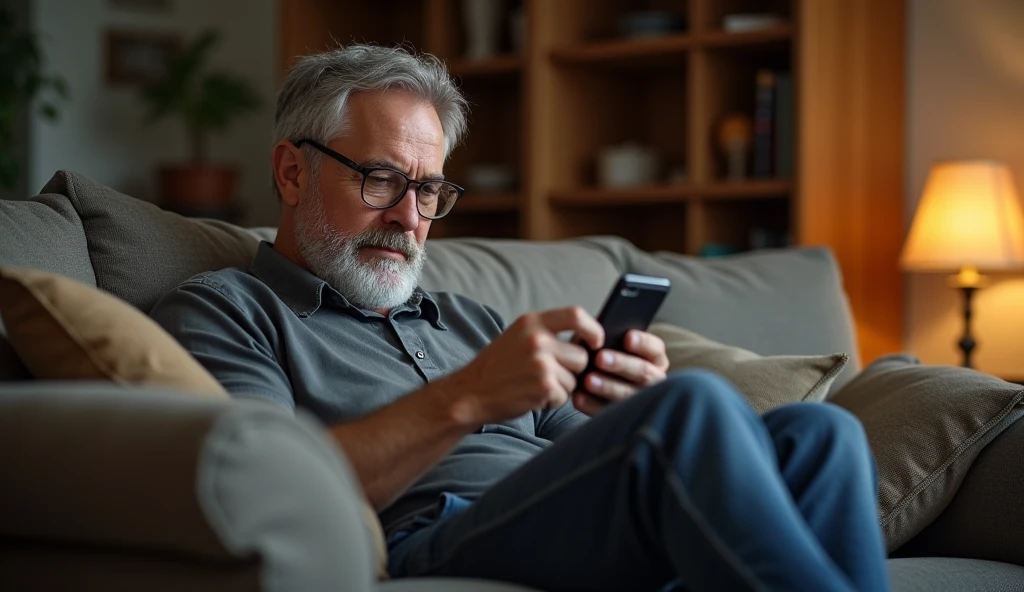 A middle-aged bearded man 30 to 3 with glasses using a smartphone while sitting on a couch