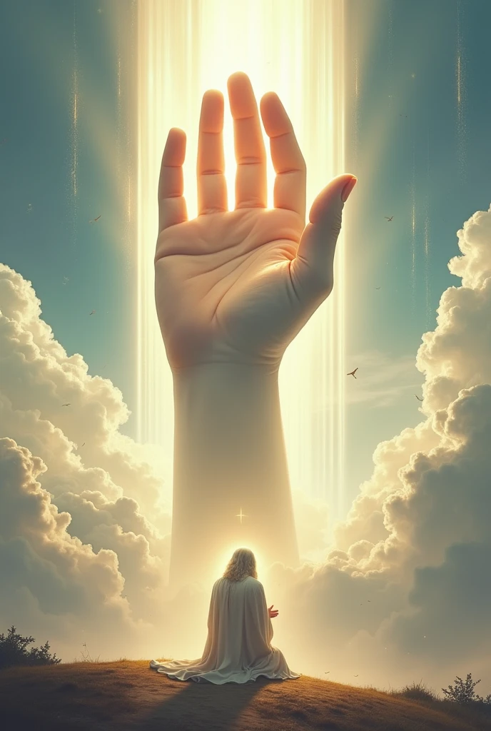 (photorealism:1.2), (4k) a giant hand from the sky and a person praying