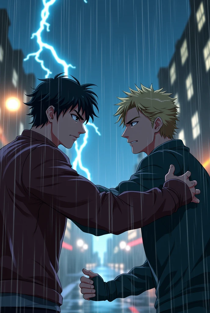 (Anime style), 2boys, handsome guys, serious, fighting, London, night, rain with thunderstorm