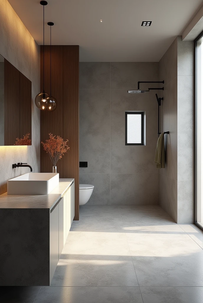 bathroom modern, ultra-realistic , 8k, ultra realistic render , 4K , photo realist  , metal therefore , matte gray floor , stone countertop , small window with frosted glass , moderno , luxurious , a hanging vase , wood panel , wide perspective ,