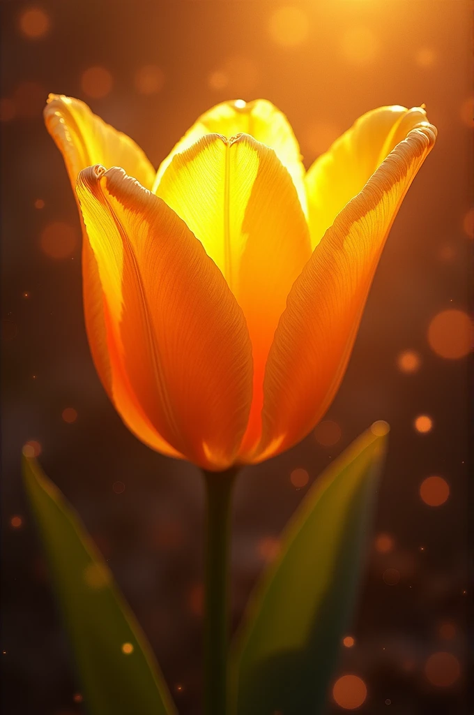 Beautiful glowing golden colour tulip, with vibrant colour shining in background,