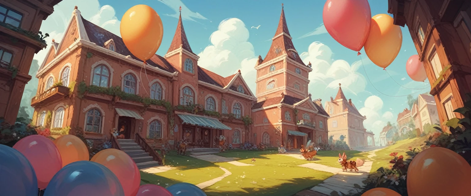 Balloon Factory with balloons of all sizes and shapes, lots of helium tanks, furry creature workers