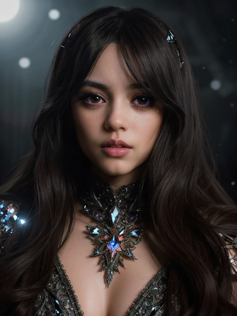 a beautiful anime girl with long dark hair, extremely detailed eyes with long lashes, beautiful detailed lips, extremely detailed and realistic facial features, wearing an intricate crystal bodysuit with reflective crystalline textures and glowing shards, posing dramatically with striking cinematic lighting, dark moody atmosphere, deep rich colors, hyper realistic, 8k, ultra detailed, masterpiece, concept art