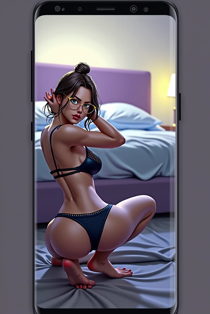(((Your genitals are full of flesh, her panties are digging into her pubic cleft, and her genitals are swollen,camel toe camel toe(0.1)))),(in 8K, highest quallity, Artwork:1.2), (realisitic, realisitic:1.37),((She is facing forward and looking at me)),very detailled,The background is all gray walls ,1 person, 1 woman, Light brown bun hair, ((Your hairstyle is super long straight hair))), (Look at the viewer from below, wearing round glasses with golden temples and green eyes),facing forward , she is tired(She has a scary facial expression while looking angrily at the viewer),The woman is squatting with her legs open. ,Well-proportioned and beautiful figure,Body beauty a little fat,She puts her hands behind her head ,Show a beautiful body、(lingerie that is two sizes too small and doesn't fit her body.),(As a basic premise, underwear is made of Seamless fabric and is see-through.,High exposure lingerie),SSSexy navy blue transparent small cup bra,The panty is 3 sizes smaller than the body size SSWearing size content is:Navy blue T-back without fabric cord,The front part(seamless fabric)Nylon made, transparent, and digging in the pussy.((A transparent cameltoe showing the swollen pubic area and pubic hair(0.1)))Ultra thin nylon, transparent, Super high cut, pointedV,Sexy stockings with 4-strap dark blue garter belt worn in black, extremely thick thighs, soft arms medium breasts and very large butt, any extremely transparent cloth in her garments