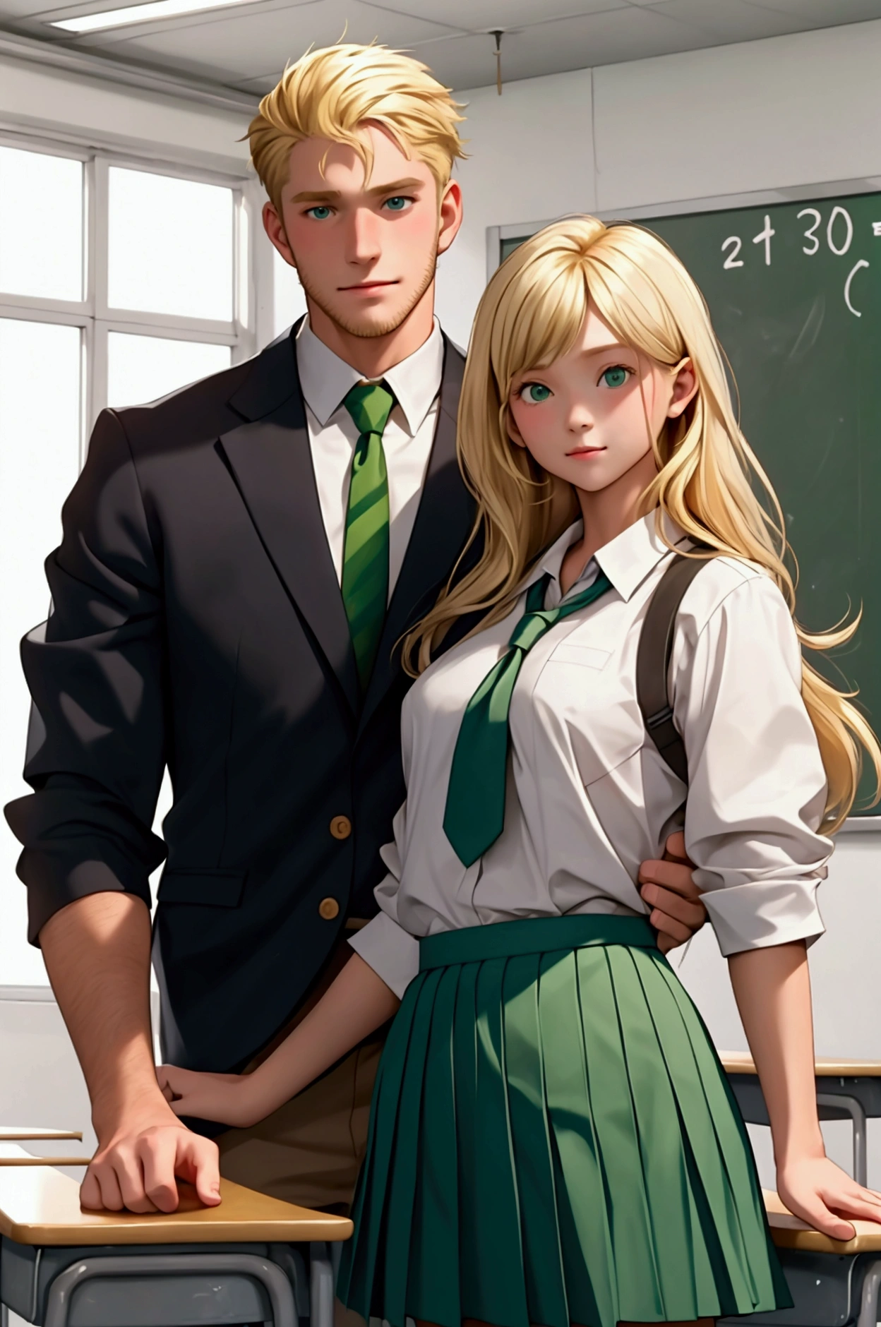 a guy and a girl, ren, dressed in school clothes, the guy has blond hair, the girl with black hair wears a white blouse and a green skirt, standing in a school classroom and looking at each other