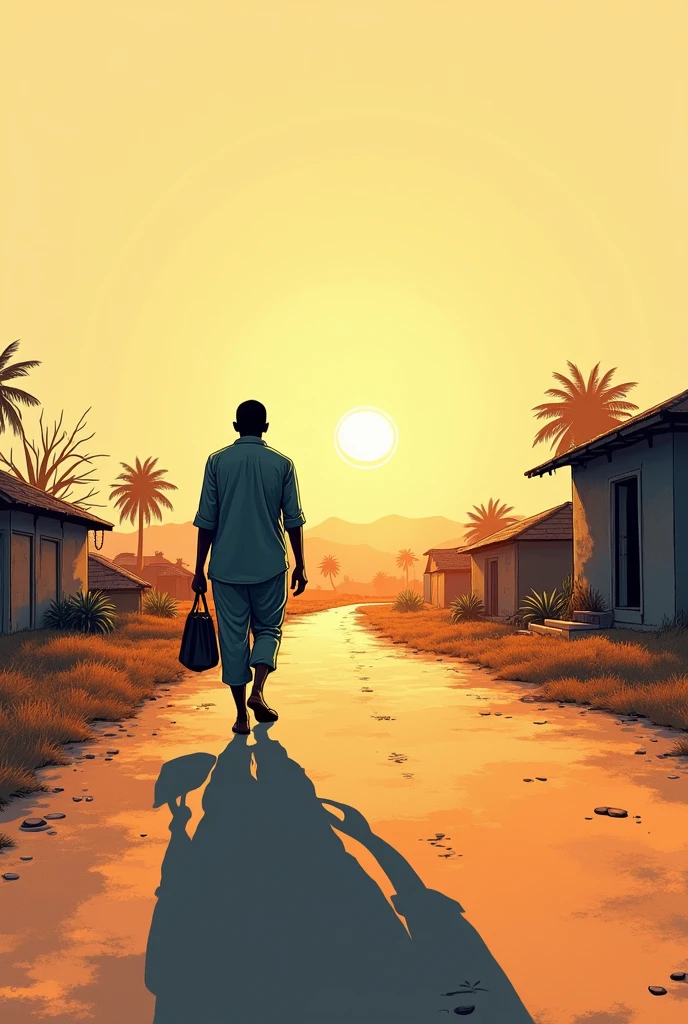 A Indian adult men returning village with a bag in sunset time shadow image line art for book cover
near village back side shadow view