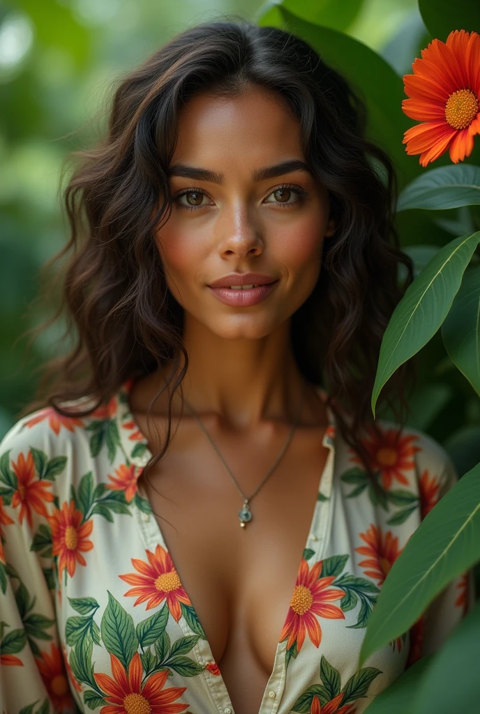 A Brazilian woman in a lush tropical garden, wearing an open shirt with a floral print, with a close-up capturing the harmonious beauty between her breasts and the natural flowers, showing off your natural charm and outgoing personality.