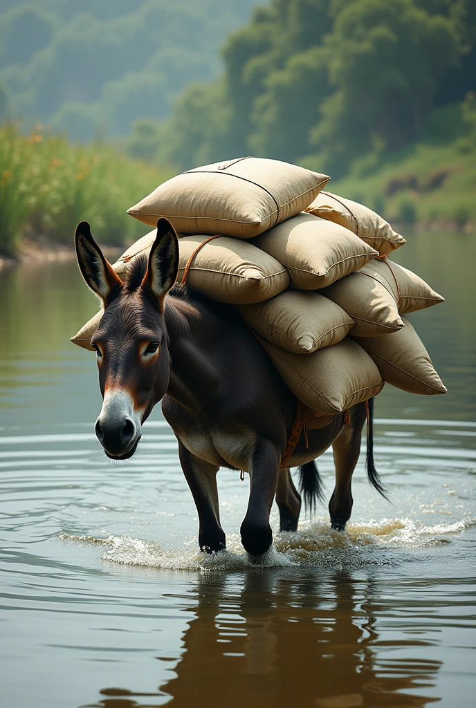 Many sacks are lying in the water on the donkey's back 