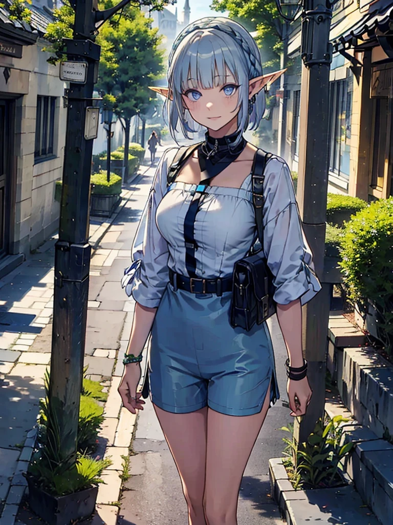 The cathedral overlooks the city、Medieval streetscape,Wide Road、Pointed Ears、Elf、blue eyes、Green casual clothing、Silver braided short hair