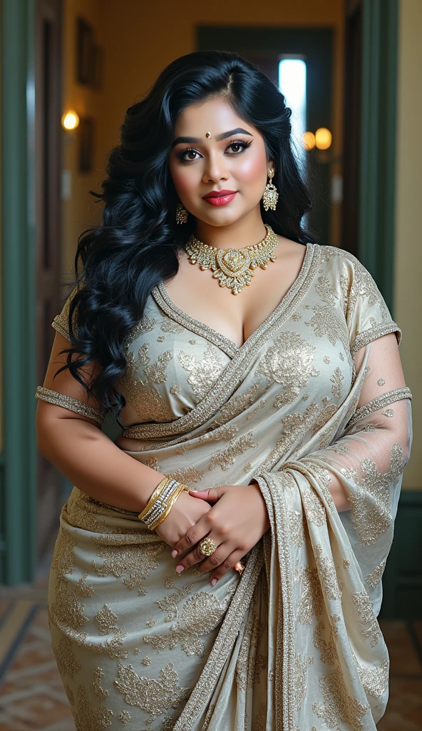 A beautiful plus-sized South Indian woman, 3, movie actress, hourglass figure, plump open cleavage, elegant, attractive, striking pose, gorgeous makeup, flowing hair, ornate jewelry, ornate dress, extremely detailed eyes and face, beautiful detailed eyes, beautiful detailed lips, long eyelashes, dramatic lighting, cinematic atmosphere, (realistic, photorealistic, photo-realistic:1.37), (best quality,4k,8k,highres,masterpiece:1.2),ultra-detailed