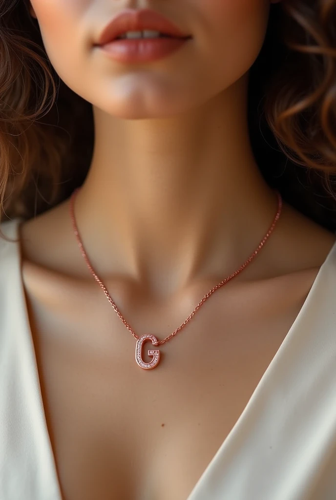 A silver necklace with a red pendant with the initial G a little small in the shape of an oval and with the tiny initial on the neck of a brunette woman with curly brown hair