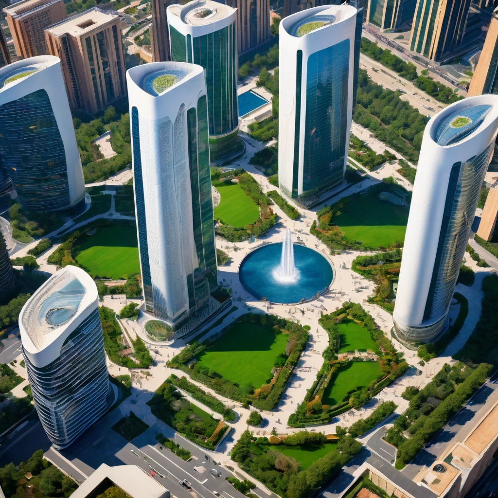 Complex of three gigantic and very tall skyscrapers surrounding a plaza with a fountain in the middle, futuristic design, eco style, aerial view, Soft lighting, Very detailed,HD,8k, This fulfills the function of being a highly demanded academic institute