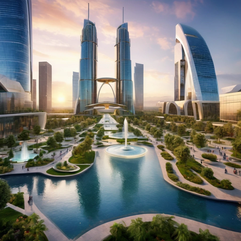 Complex of three gigantic and very tall skyscrapers surrounding a plaza with a fountain in the middle, futuristic design, eco style, aerial view, Soft lighting, Very detailed,HD,8k, This fulfills the function of being a highly demanded academic institute