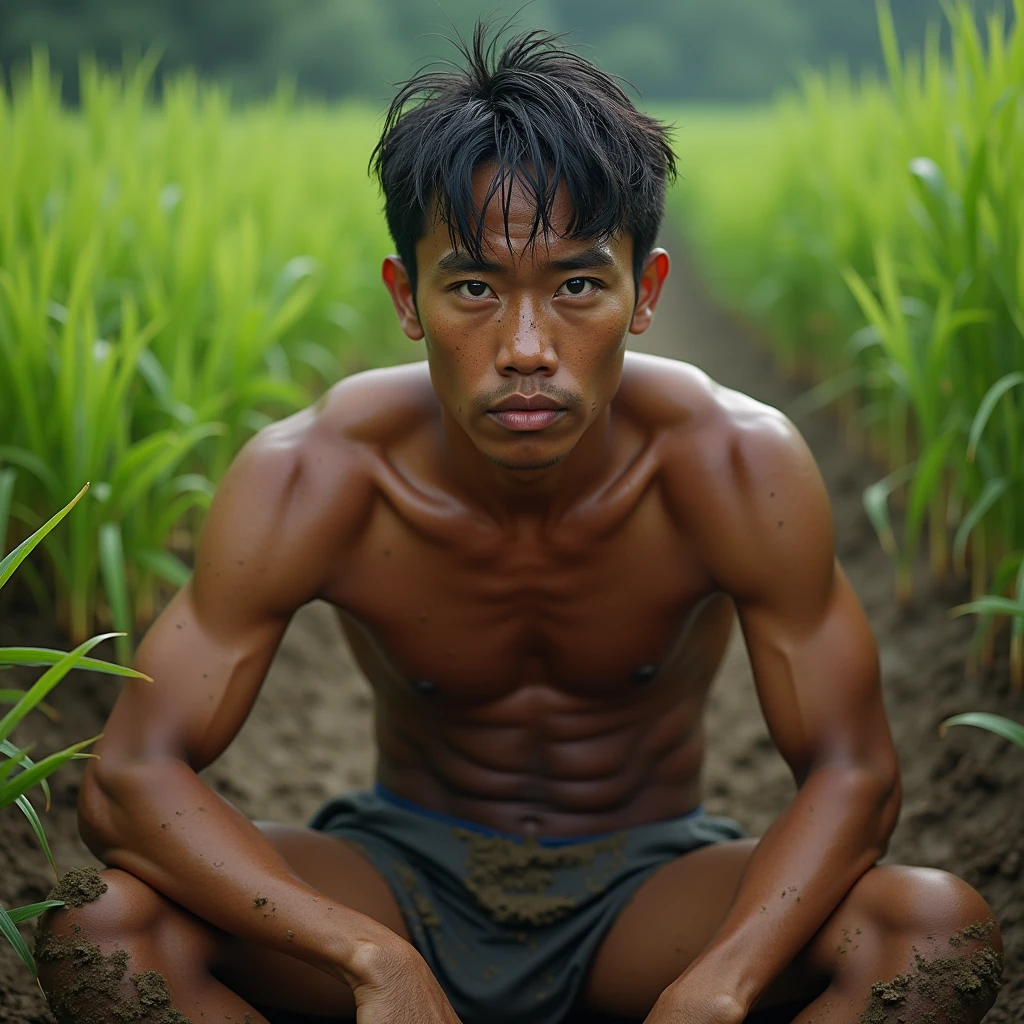 Hyper realistic, Masterpiece, detailed, 8k, a young indonesian man, tanned skin, shirtless, underwear, sitting, mudy ricefields, dirty body, sweat