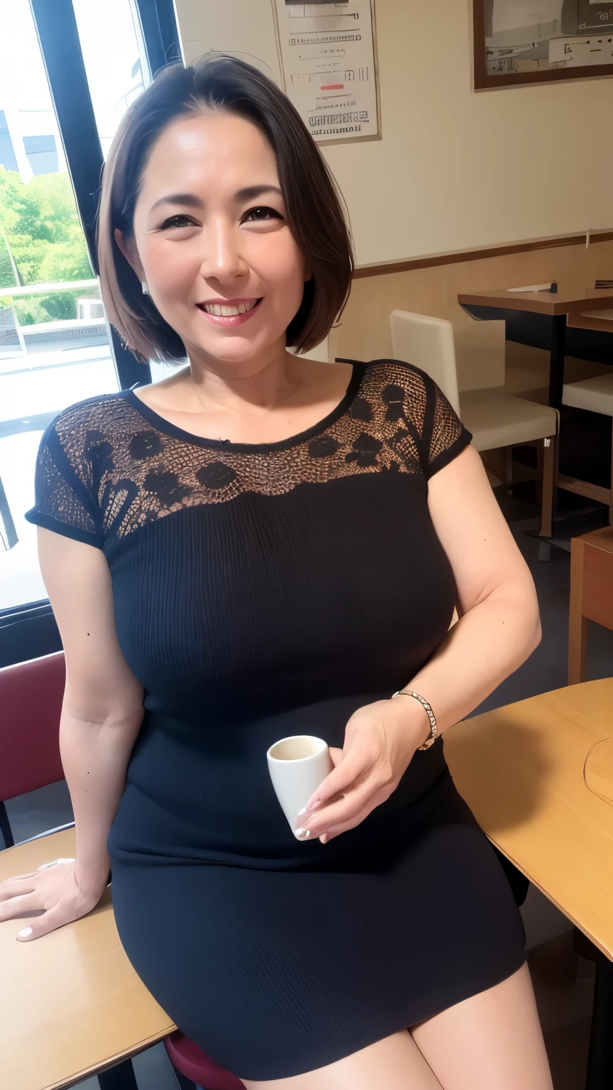 8k wallpaper, masterpiece, Highest quality, Very detailed, One Mature Woman, 50 years old, Become very clear, Wearing a short-sleeved knit, Skin dents, Captivating smile, Looking at the audience, No lapel microphone, Plump, Curvaceous, Attractive face, Smiling with teeth showing, I was happy, sitting in a cafe, Background Blur