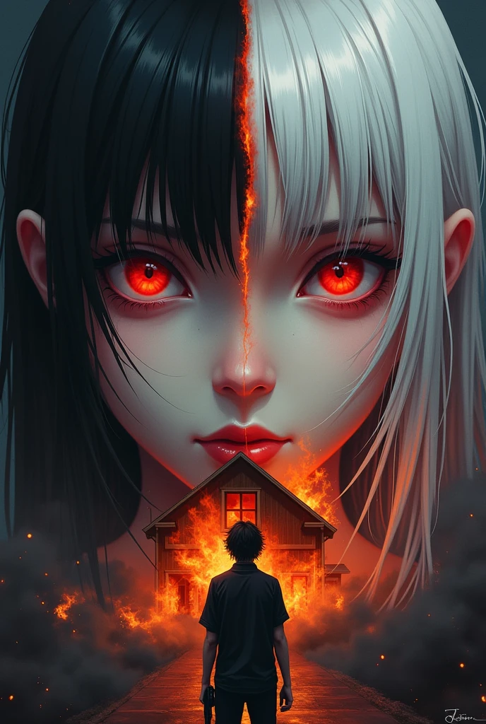 In the corner of the screen half of the face of a black-haired girl with black eyes and in the other corner half of the other side of the face of the same girl but white-haired with red eyes and in the center a house on fire and in front of the house a tall and handsome black-haired boy with a gun