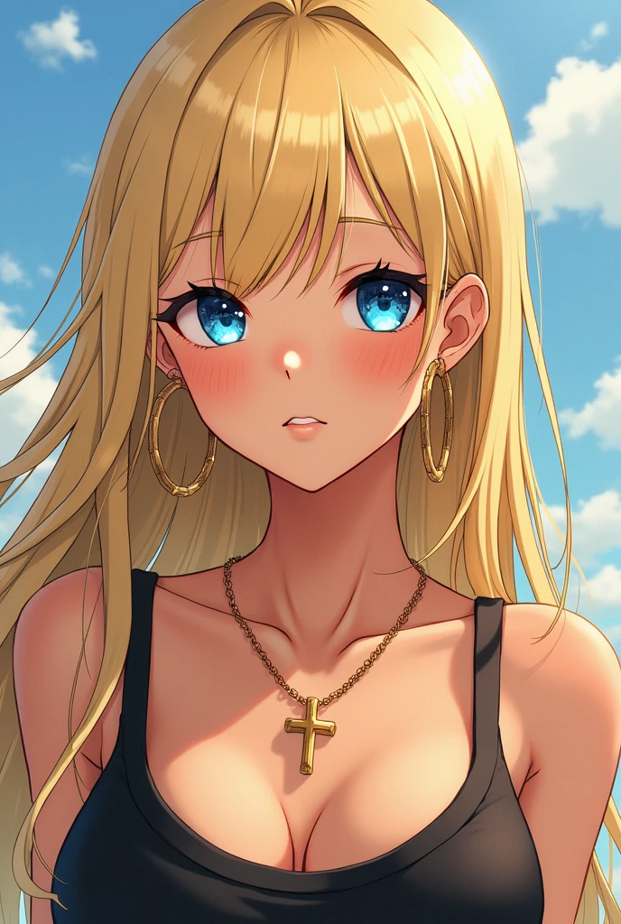 Manga character girl long straight blond hair with blue eyes quite tanned Christian cross around the neck in gold and thin gold hoop earrings black tank top eyeliner