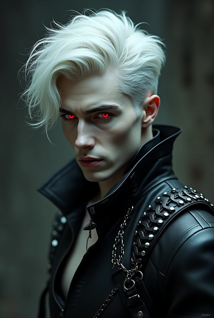 white hair, pale skin, black sclera, red eyes, handsome man, black leather clothing, short hair, bdsm straps, Jojo no kimyou na Bouken Risotto Nero