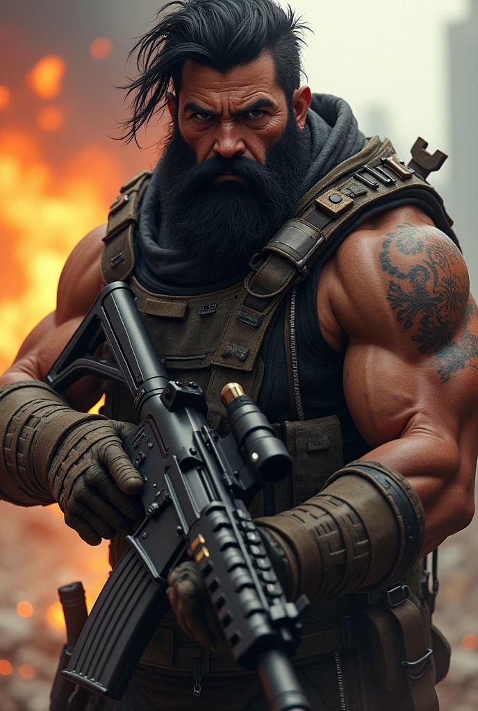 Create a fre fire style character with black hair, beard and the evolutionary ak47