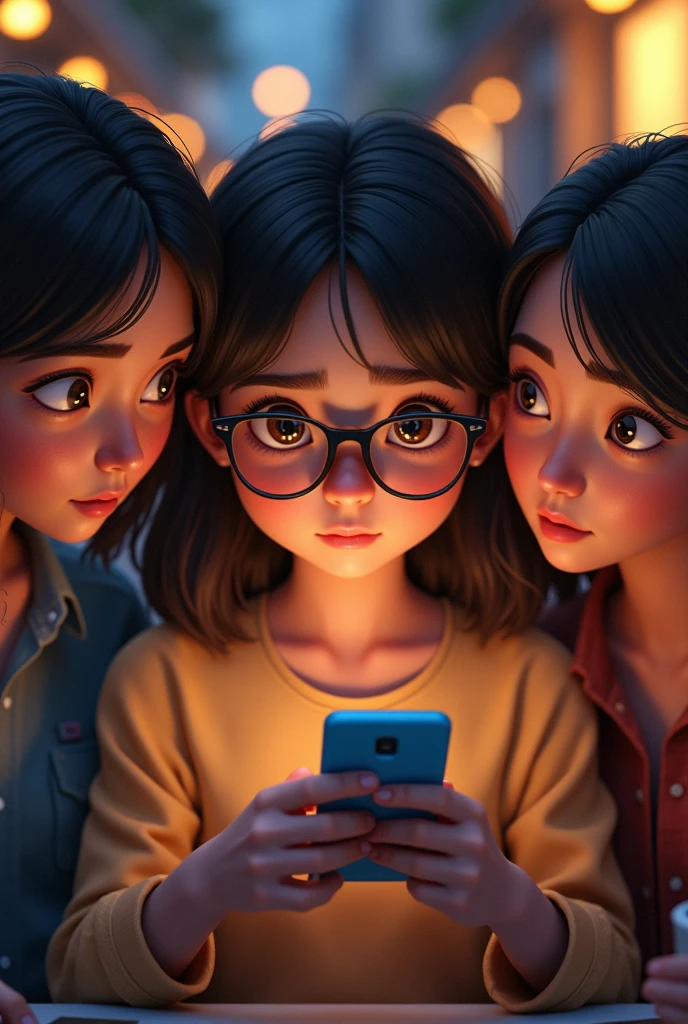 A girl with glasses, shoulder-length hair and brown eyes with her 2 friends looking at their cell phones worriedly