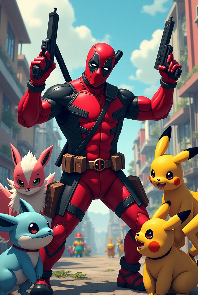 Create me a more animated pokemon and deadpool wallpaper