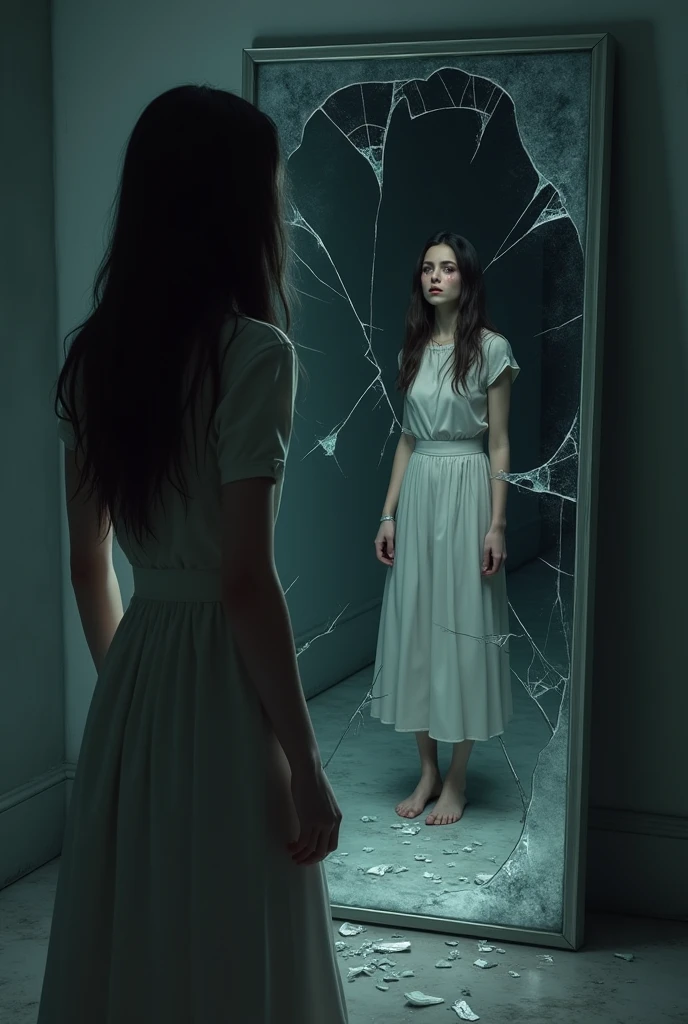 Woman looking at herself in a broken mirror and crying