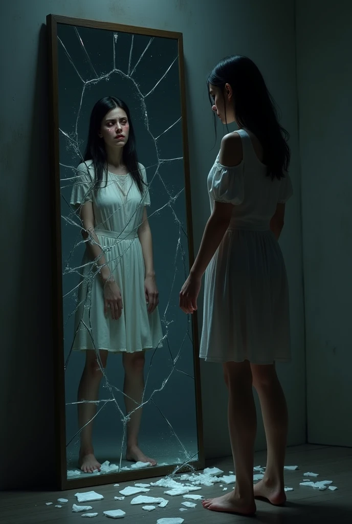 Woman looking at herself in a broken mirror and crying 
