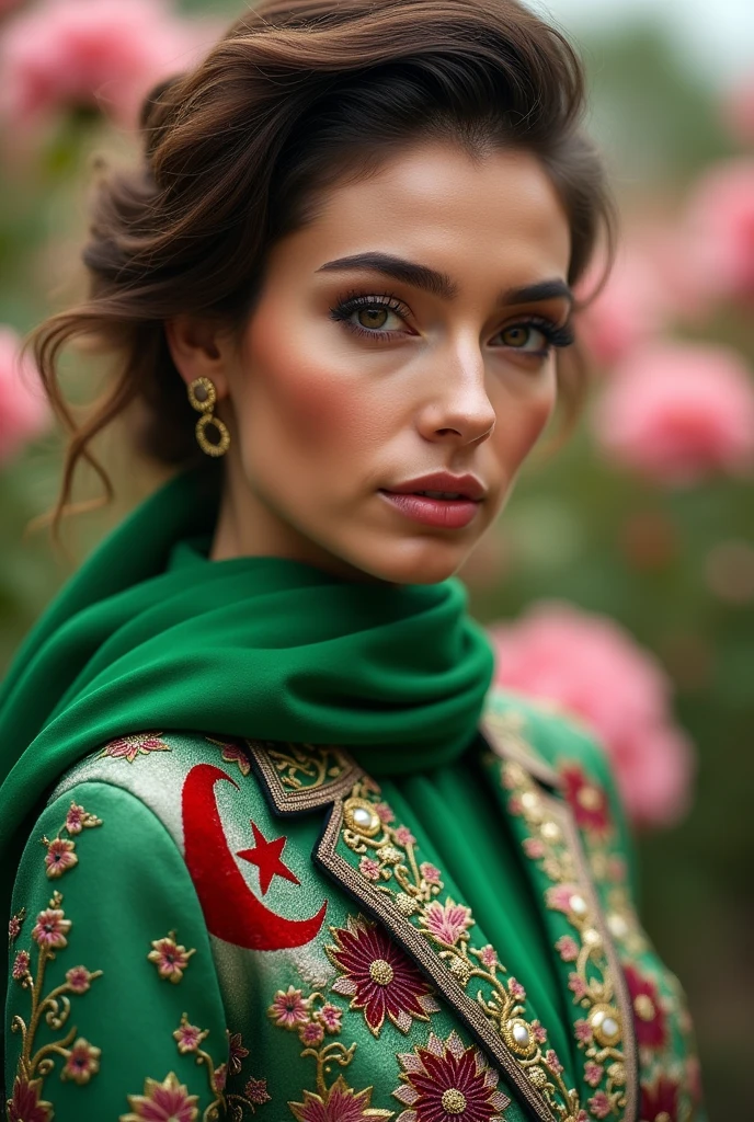 Woman wearing a decorated and embroidered jacket with the finest and most beautiful fashions, and on her shoulder a green scarf with the Algerian flag, half background photo of a flower garden, close-up