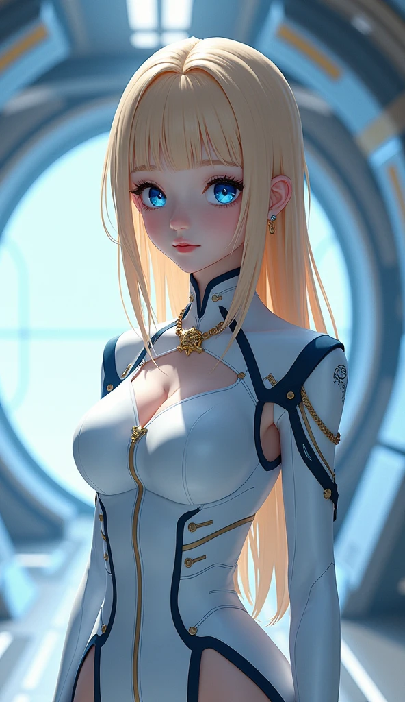 A beautiful young anime girl, blonde hair, dark blue eyes, wearing white clothes with blue details, standing on a futuristic spaceship, wearing a golden necklace, (best quality,4k,8k,highres,masterpiece:1.2),ultra-detailed,(realistic,photorealistic,photo-realistic:1.37),cinematic lighting,intricate details,highly detailed face,beautiful detailed eyes,beautiful detailed lips,extremely detailed eyes and face,long eyelashes,elegant,graceful,dynamic pose,sci-fi,concept art,vibrant colors,futuristic,cinematic