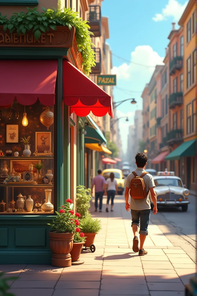 Man walking past a small antique shop in a busy city 3d animation Disney pixar 