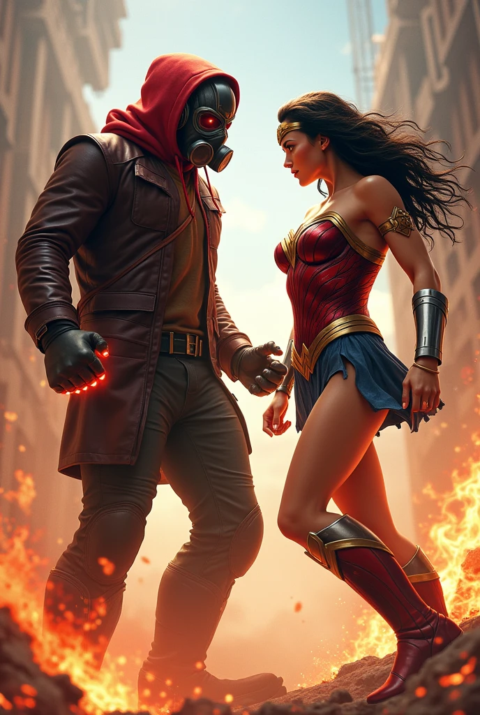 Kid Star-lord with red hoodie, headphones, star-lord helmet, gas helmet, covered mouth, round red eyes, Red eyes, magic rings in the hands and rocket boots, Vs, wonder woman, big breasts, Fighting, power, fiction, full body, hight, fire in boots, poweful spells, realistic