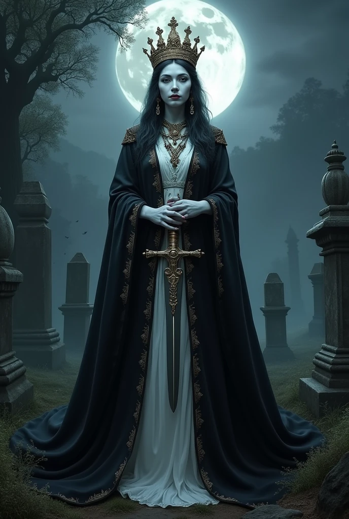 create an image of Pombogira Queen of the Cemetery,of Quimbanda, inside a cemetery at night, wearing a queen's dress, black andwhite, with a queen's crown, very white skin, series, holding a silver dagger