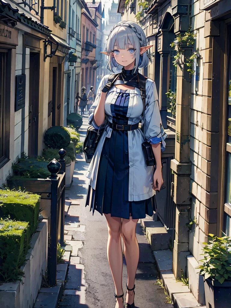 The cathedral overlooks the city、Medieval streetscape,Wide Road、Pointed Ears、Elf、blue eyes、Green casual clothing、Long eyelashes、Silver braided short hair