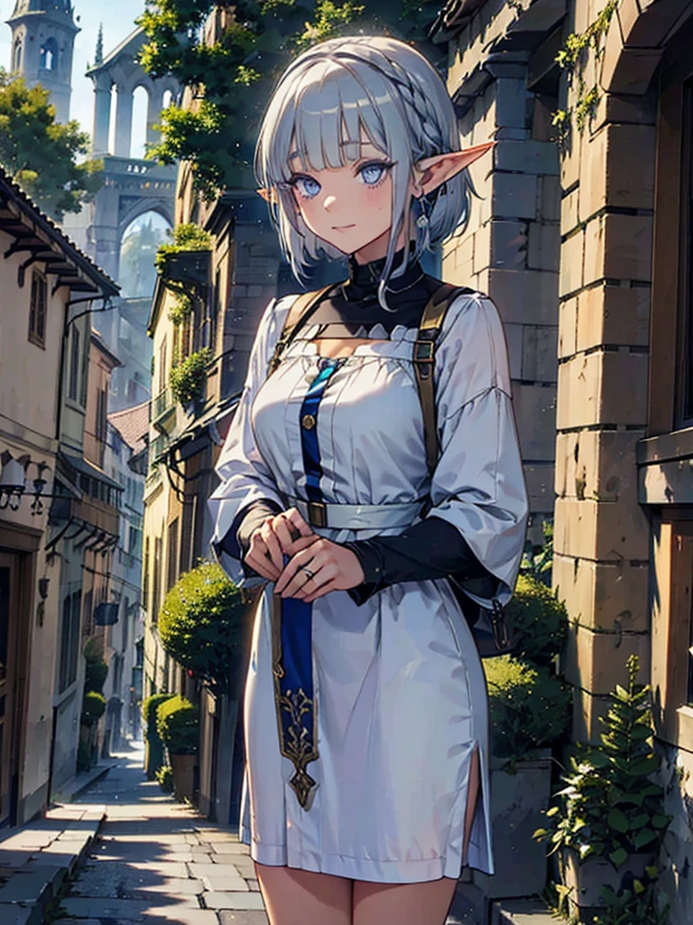 The cathedral overlooks the city、Medieval streetscape,Wide Road、Pointed Ears、Elf、blue eyes、Green casual clothing、Long eyelashes、Silver braided short hair