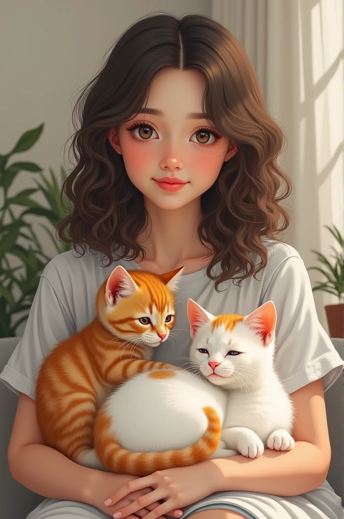 Create an image of a girl with wavy hair but her hair is neither too long nor too short, that is with three kittens, one lead colored and small female angora, the other light orange color is the same medium angora male and the other white cat with orange spots on the head, a small spot on his back and mandibles on his tail but he is not an angora, big and male, that the three kittens are on top of her lying on her legs