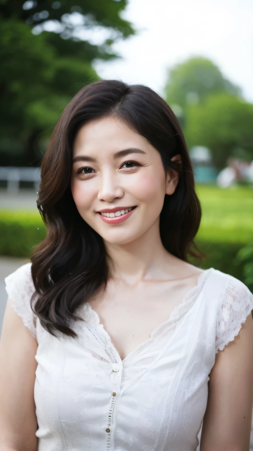 最high quality, In 8K, Masseter region, Real, Sharp focus, high quality, High resolution, Detailed face, Detailed eyes, Thick lips, Background Blur, alone, Middle-aged women, , 5, , Wavy Hair, Cleavage, Wearing a plain short-sleeved knit, Afternoon in front of the park garden, Wrinkles around the eyes, Smiling with teeth showing