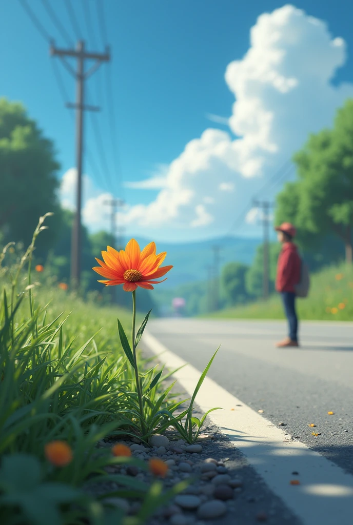 Flower on the road besides a men
