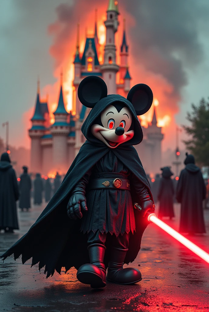 A photo of the Cinderella Castle, visibly collapsing and burning, with parts of the structure crumbling down, surrounded by smoke and flames. In front of the crumbling castle, Mickey Mouse has transformed into a dark fantasy character, dressed in a black, flowing Sith robe from Star Wars with intricate detailing. Mickey's large, round ears stick out slightly from beneath the hood, and his eyes glow a menacing, fiery red. He walks slowly, hunched over, with his head down, exuding an ominous and terrifying presence. His red lightsaber drags slightly along the ground, leaving a trail of sparks. The dark energy swirls more violently around him as he approaches, heightening the fear in the atmosphere. Behind Mickey, various Disneyland characters stand, all with their eyes illuminated in red, adding to the sinister and haunting atmosphere. The entire scene feels like a dark, foreboding nightmare, with the collapsing castle and fiery destruction amplifying the sense of doom