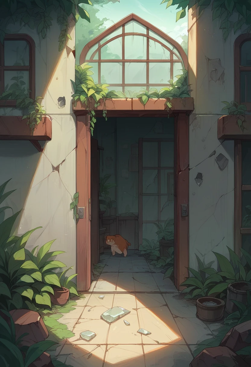 Three agers in swimsuits play in the courtyard of an abandoned and half-destroyed mansion. Garden in a jungle state, Noble facade of imposing construction, big . With broken windows and doors, broken glass, There is a rusty and abandoned military truck