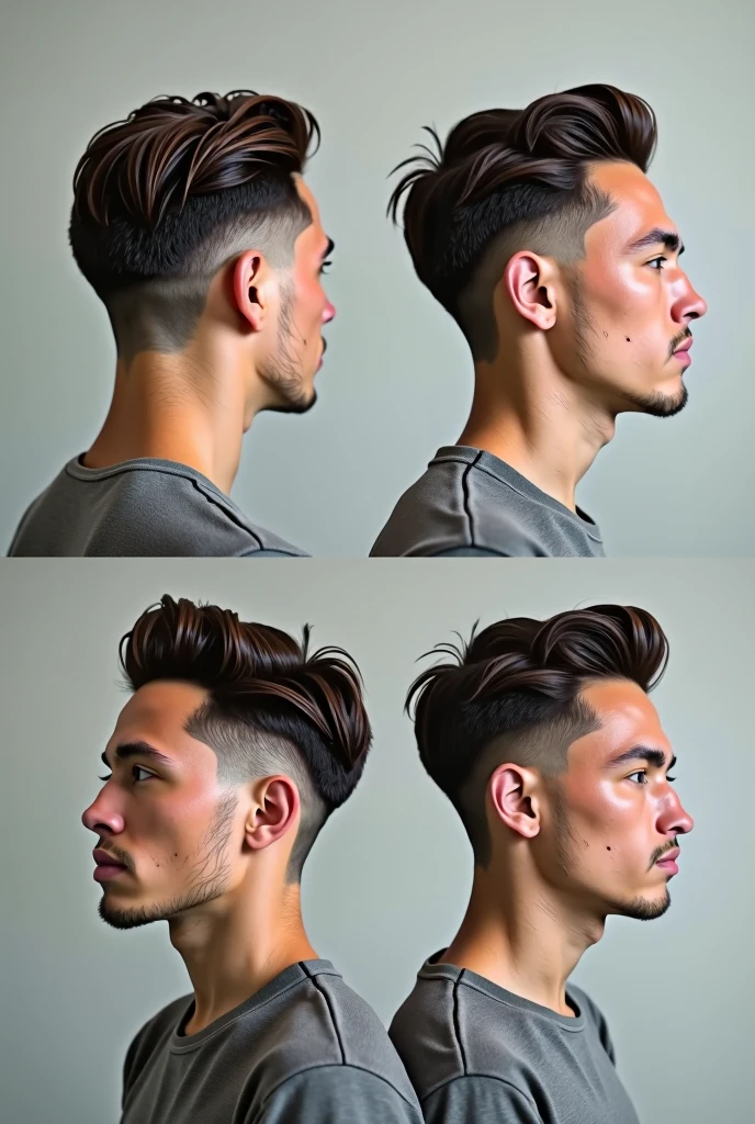 "Por favor, create an image showing a short men's haircut, without tuft, from every possible angle (front-facing, side and rear). I would like to see details and the complete shape of the cut in each perspective.. Thank you!"