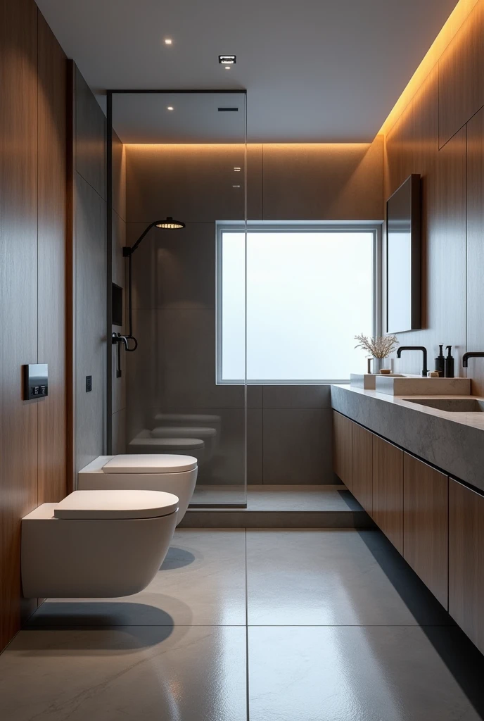bathroom modern, ultra-realistic , 8k, ultra realistic render , 4K , photo realist , metal therefore , matte gray floor , stone countertop , small window with frosted glass , moderno , luxurious , a wall-hung toilet , wood panel , wide perspective ,