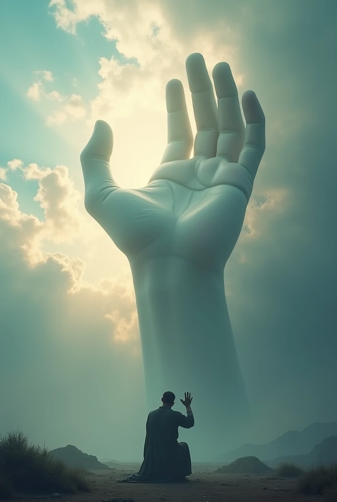 (photorealism:1.2), (4k) Giant hand coming out of the sky and seeing a person praying