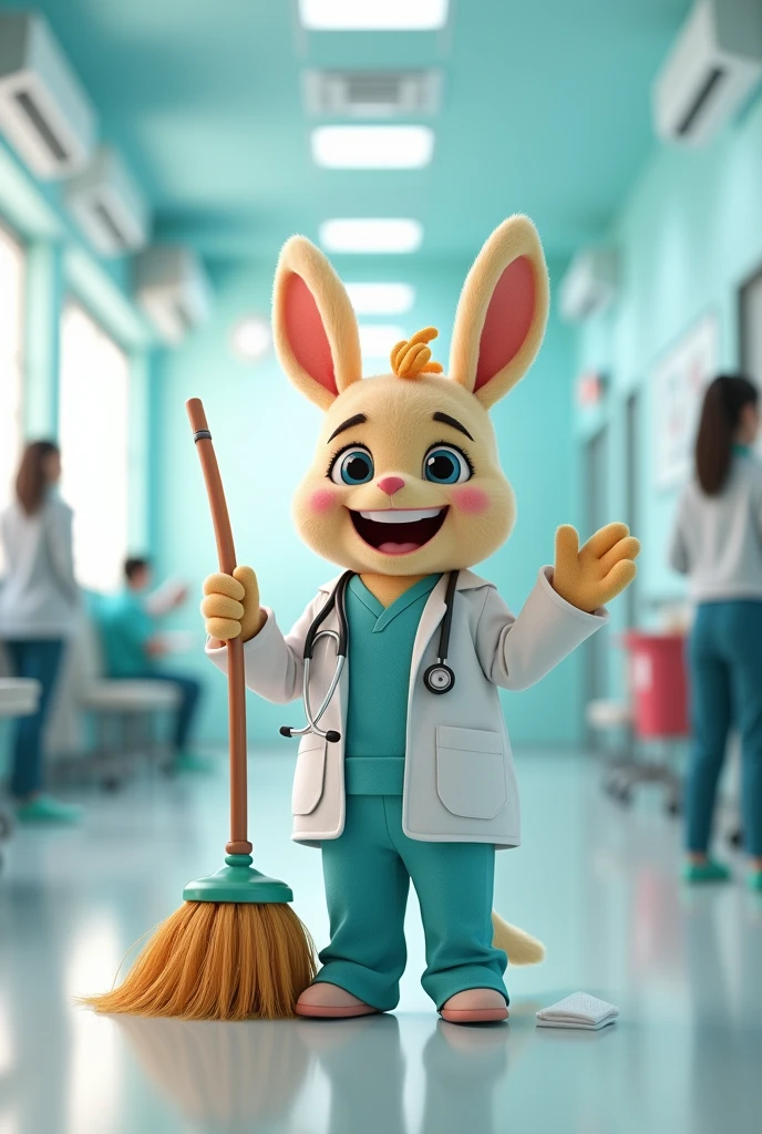 A broom-shaped mascot in a hospital environment that conveys the idea of responsibility, communicative and intelligent