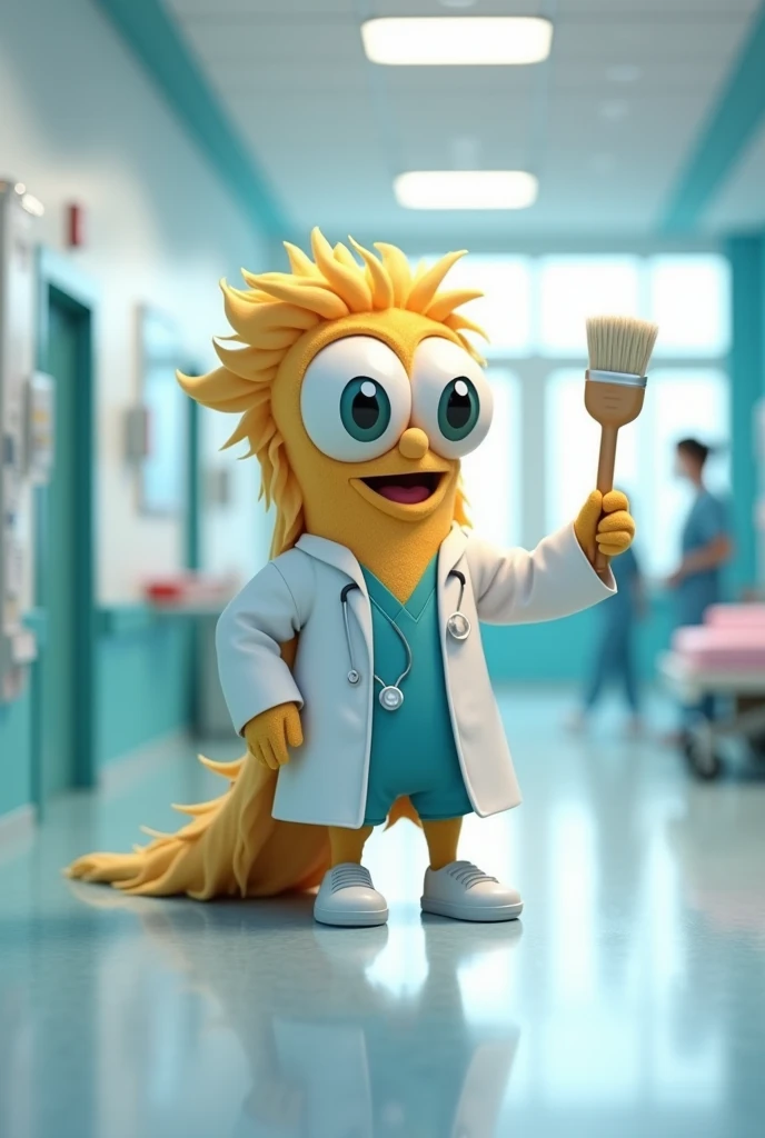 A broom-shaped mascot in a hospital environment that conveys the idea of responsibility, communicative and intelligent