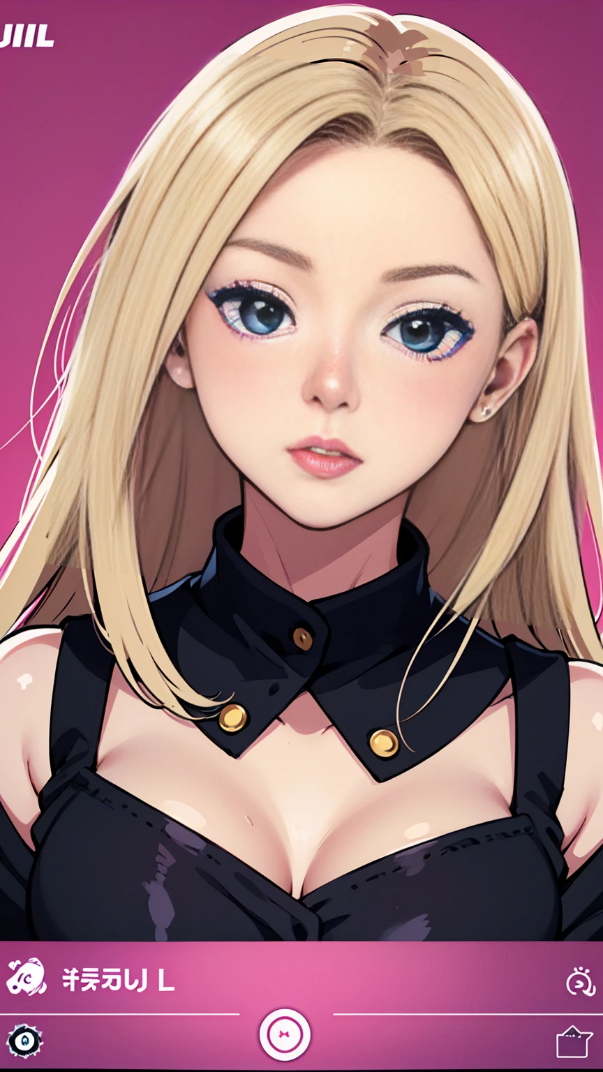 
a woman with long blondhair and a pink background, a character portrait, a screenshot, by Lü Ji, imvu, flat icon, artstyle : ilya kuvshinov, black anime manga girl, on amino