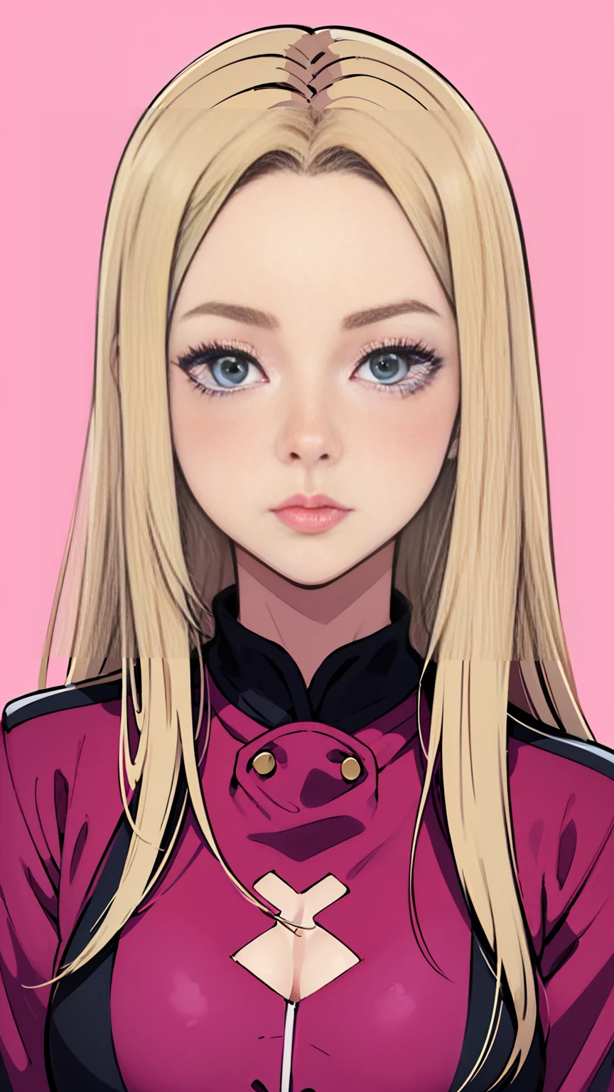a woman with long blondhair and a pink background, a character portrait, a screenshot, by Lü Ji, imvu, flat icon, artstyle : ilya kuvshinov, black anime manga girl, on amino