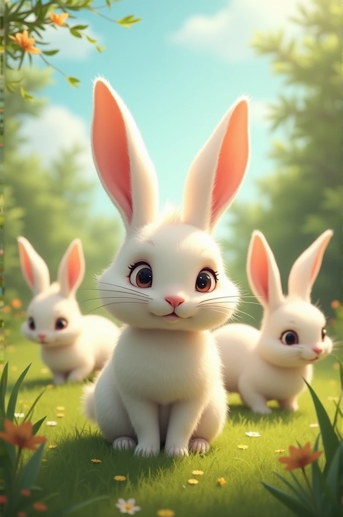 
2. **Phudko the Rabbit** - "A clever and intelligent rabbit with soft white fur and long ears, with four small rabbit children playing in the background."